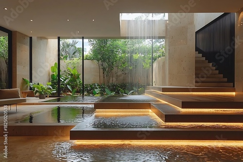 Luxury indoor spa with cascading water and tropical plants Image