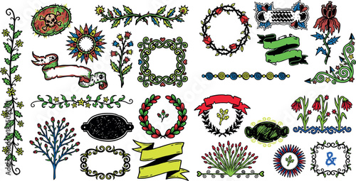 Colorful vintage floral frames and decorative borders set with leaves flowers ribbons and ornate design elements in retro style perfect for invitations greeting cards scrapbooking and crafts