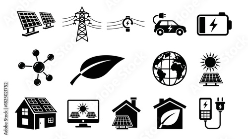 Renewable Energy Icons Sustainable Power Solutions in Black and White