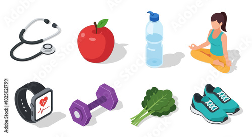Healthy lifestyle isometric icons Medical, fitness, and nutrition elements for wellness