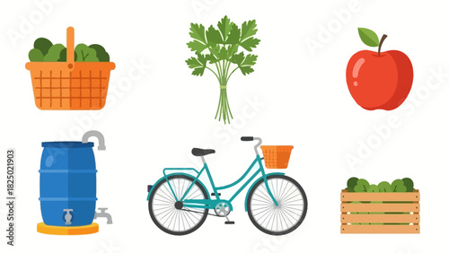 Collection of healthy farm produce and transport icons, including a basket of greens, parsley, an apple, a water barrel, a bicycle, and a crate of vegetables