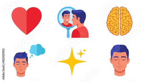 Self-care icons depicting mental wellness, personal growth, and emotional health