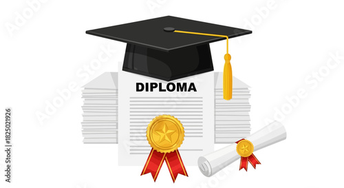 Vector illustration of a graduation cap and diploma certificate with a gold medal, symbolizing academic achievement and success