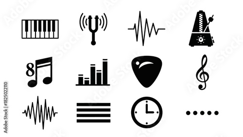 A collection of black silhouette icons representing music theory, audio waves, and sound production tools isolated on a white background