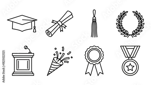 Graduation Icons Set Celebratory Symbols of Achievement and Success for Education and Ceremony