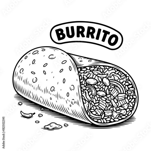 A black and white hand-drawn illustration of a Mexican burrito showing its filling of rice and beans.