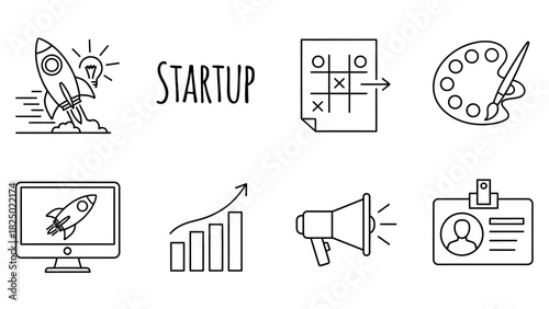 Set of linear vector icons for business startups, illustrating concepts like innovation, strategy, marketing, and growth