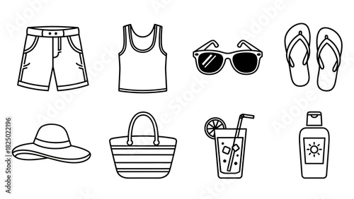 Line art collection of summer essentials Shorts, top, sunglasses, and more