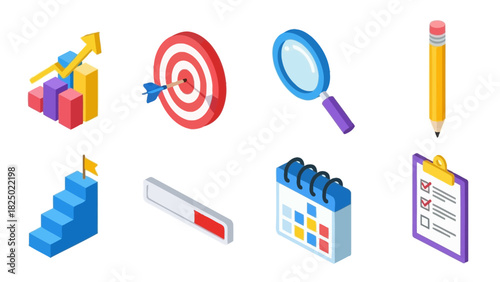 A collection of colorful isometric icons representing business concepts like goal setting, data analysis, project planning, and progress