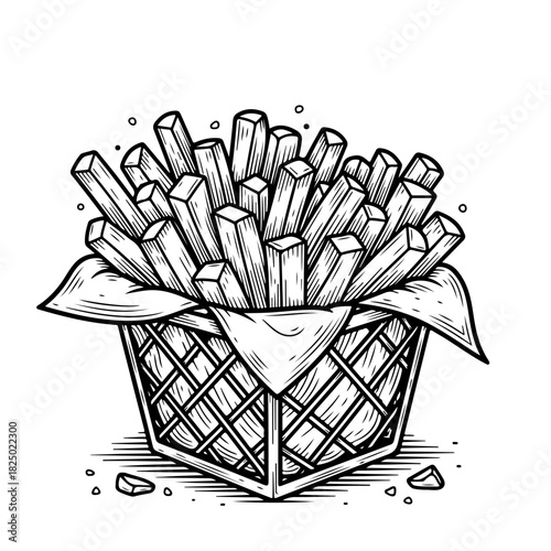 A detailed black and white illustration of a rustic woven basket filled with freshly made french fries, in a classic woodcut style.