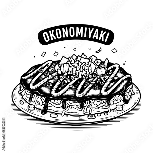A black and white hand-drawn illustration of Japanese Okonomiyaki, a savory pancake, served on a plate with various toppings.