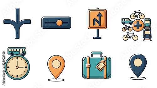 Vibrant illustrated vector icons for travel, transport, navigation, and settings. Essential graphic elements for mapping, journey planning, and user interface design applications