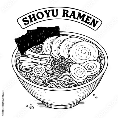 A black and white line art illustration of a traditional Japanese Shoyu ramen bowl with various toppings.