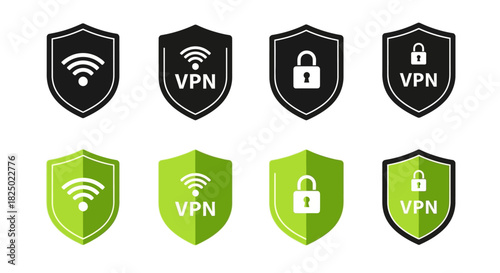 Shield Icons Secure VPN, Wireless Connectivity, and Data Protection Symbols for Digital Security