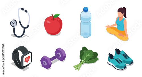 Healthy lifestyle icons stethoscope, apple, water bottle, yoga, smartwatch, dumbbell, greens, and running shoes