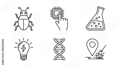 Versatile line art illustrations depicting scientific research, technological innovation, problem-solving, and genetic discovery concepts