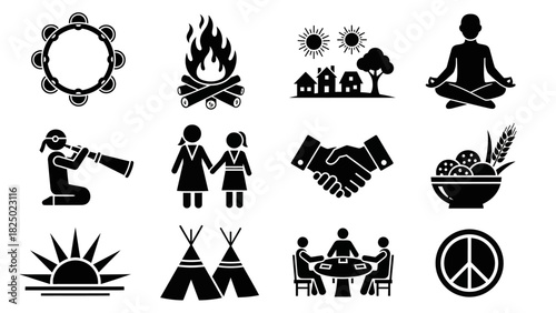 Collection of lifestyle and social activity icons representing community and harmony