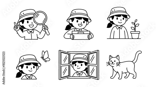 Adorable Line Art Icons Featuring a Curious Child Discovering Nature, Animals, and Simple Joys of Exploration and Learning
