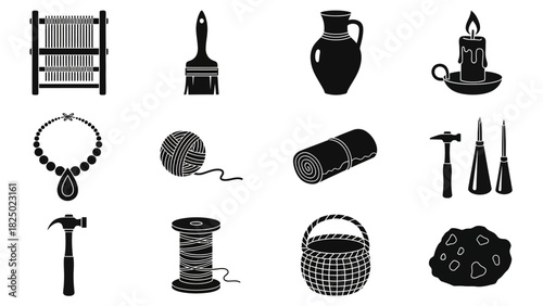 Collection of crafting and artisanal tools and materials