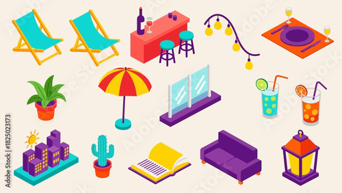 Isometric Illustration Outdoor leisure and relaxation elements for design and web