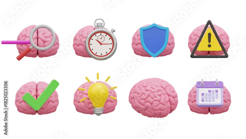Set of 3D icons representing brain functions and concepts, including analysis, time, protection, warning, approval, ideas, security, and planning