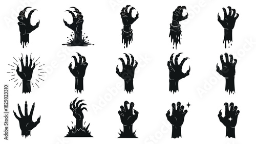Collection of Spooky Zombie Hand Illustrations with Various Poses and Clawed Fingers for Halloween and Horror Themes