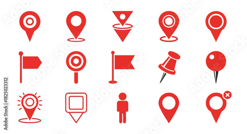 A collection of red location pins and map markers, perfect for navigation and travel