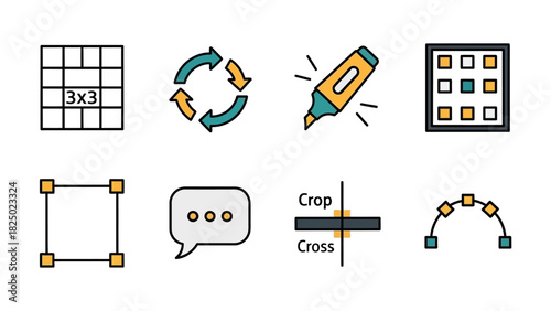 Collection of Various Icons Representing Design, Editing and Interface Elements