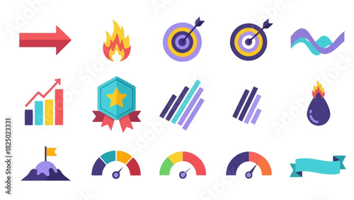 Collection of Business and Finance Icons Representing Growth, Success, and Data Analysis