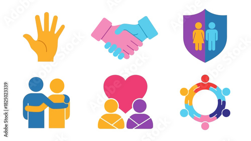 A versatile collection of flat design icons symbolizing community, human connection, support, and diversity for various social-themed graphic design projects