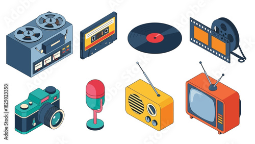 Isometric Media Icons Camera, Cassette, Microphone and More