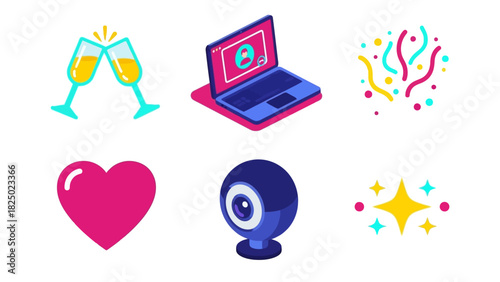 Set of colorful party icons champagne glasses, confetti, heart, webcam, and stars illustration