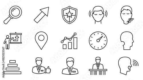 Business and Strategy Icon Set Magnifying, Growth, Protection, and More (Illustrations)