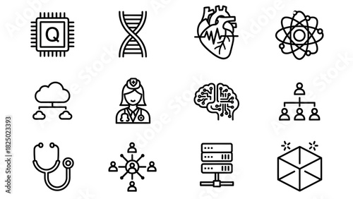 Science and Technology Icons Set Data Science, Medicine, and Quantum Computing Illustrations