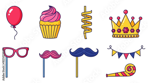 Vibrant collection of party and celebration icons featuring a balloon, cupcake, festive crown, fun photo booth props, and colorful decorations for joyful events and special occasions