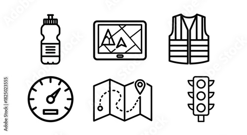 Cyclist Adventure Icons Trip Essentials Line Art