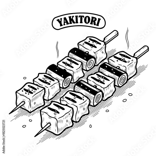 Two skewers of Japanese yakitori with grilled chicken and leek in a black and white hand-drawn illustration style.