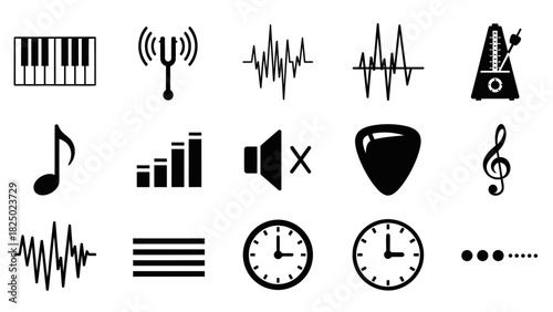 A comprehensive set of flat monochrome vector icons related to music production, sound waves, and audio elements