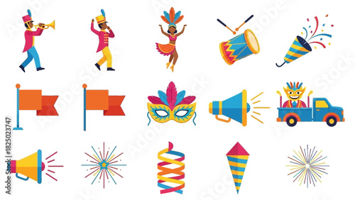 Colorful Festive Celebration Icon Set Musicians, Dancers, and Party Elements in Vector Illustration