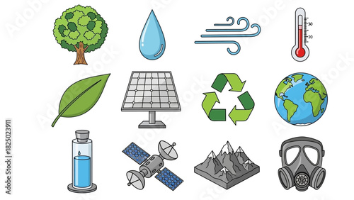 Diverse environmental and technological icon collection, featuring concepts like nature, water, renewable energy, sustainability, and global ecological solutions in a crisp illustrative style