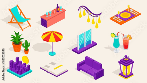 Isometric Icons Collection Furniture, Decor, and Leisure Objects for Graphic Design