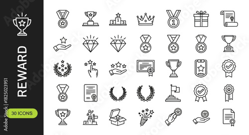 A versatile collection of minimalist outline vector icons for rewards, achievements, and recognition. Symbolizing success, victory, and premium quality, ideal for modern digital design
