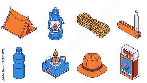 Collection of essential camping and outdoor gear icons presented in a charming isometric illustration style, perfect for illustrating adventure, travel, and nature projects