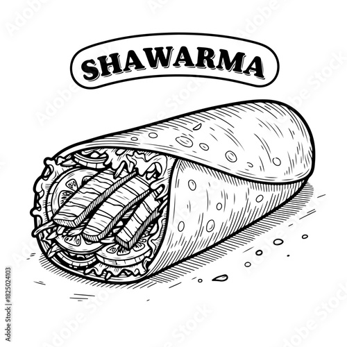 A detailed black and white hand-drawn illustration of a shawarma wrap, filled with meat and vegetables.