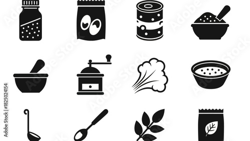 Collection of Simple Food-Related Icons Spices, Herbs, and Kitchen Utensils for Culinary Design