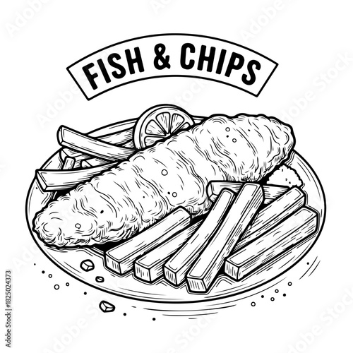 A black and white hand-drawn illustration of a traditional fish and chips meal served on a plate with a lemon wedge.