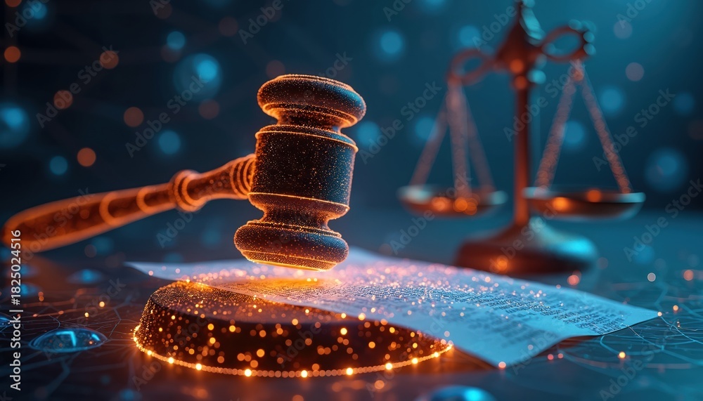 Naklejka premium Digital gavel strikes virtual bankruptcy papers. Futuristic tech court scene features scales of justice. Concept online law digital justice, cyber enforcement system. Modern abstract illustration.