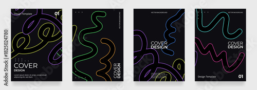 Black abstract background vector set with colorful hand drawn outline squiggles. Many-coloured posters design vector illustration