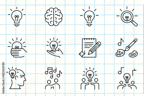 Doodle icons set for creativity, ideas, brainstorming, and inspiration