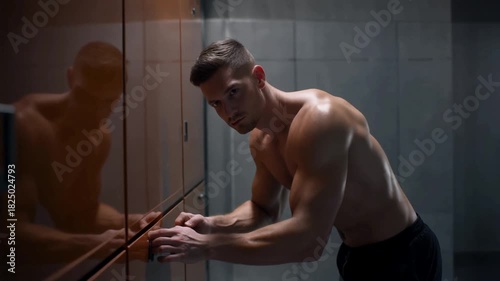 A physically fit and shirtless man pauses for a moment of stillness, his intense gaze fixed after a hard workout in the gym